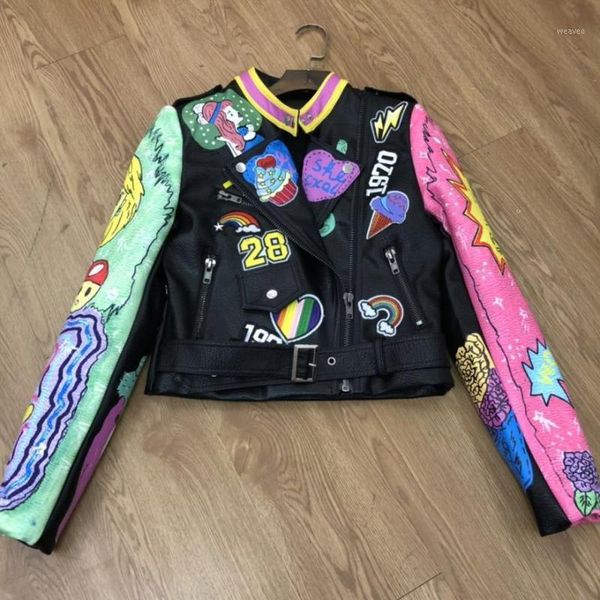 

autumn spring graffiti studs rivet beading women pu leather jacket punk style motorcyle leather jackets coats streetwear f10861, Black