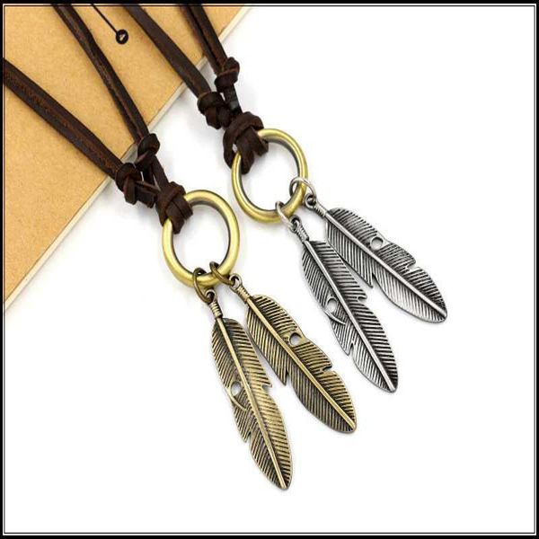 

vintage jewelry necklaces pendants alloy feather pendant collares mujer choker necklace long necklace real leather rope chain, Silver