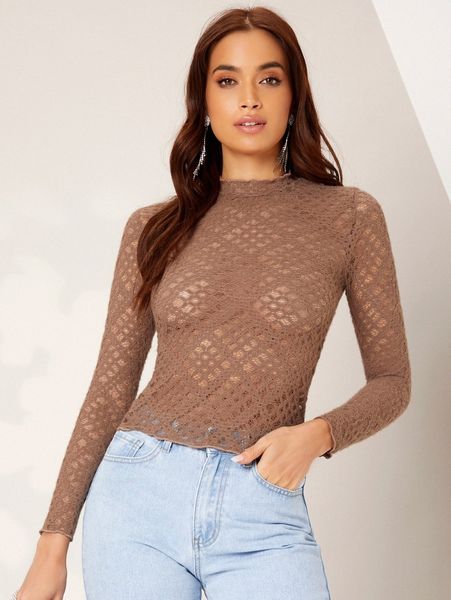 

mock neck sheer lace without bra f4jr#, White