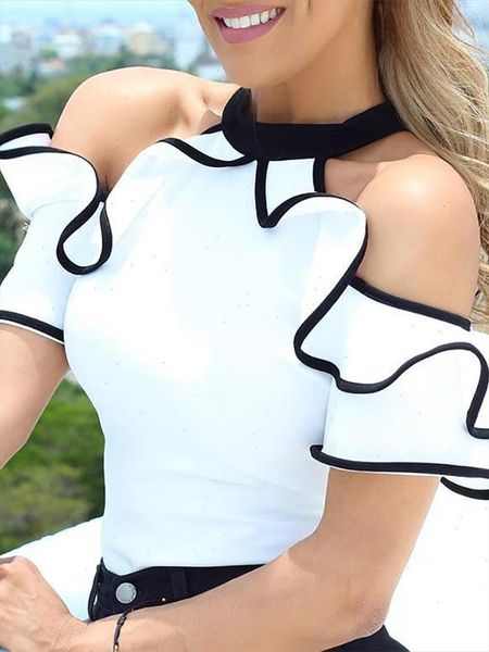 

2021 summer women elegant leisure casual ladies stylish chiffon shirt contrast binding ruffles cold shoulder blouse, White