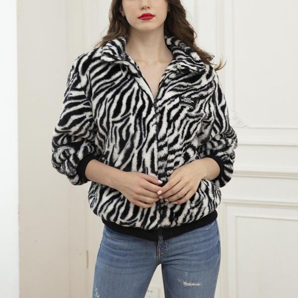 

2021 winter women zebra striped short coats full sleeve zipper trutleneck woolen warm outerwear pockets chic coat, Black;brown