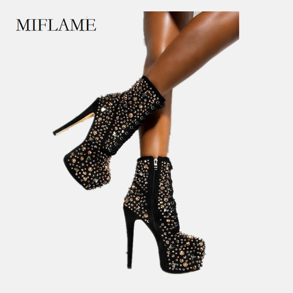 

boots 2021 autumn winter women platform side zipper crystal ankle round toe cross tied high heel inlay rhinestone heels, Black
