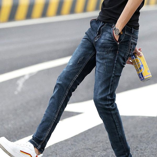 

men's jeans men blue pants elastic pencil casual scratched slim fit