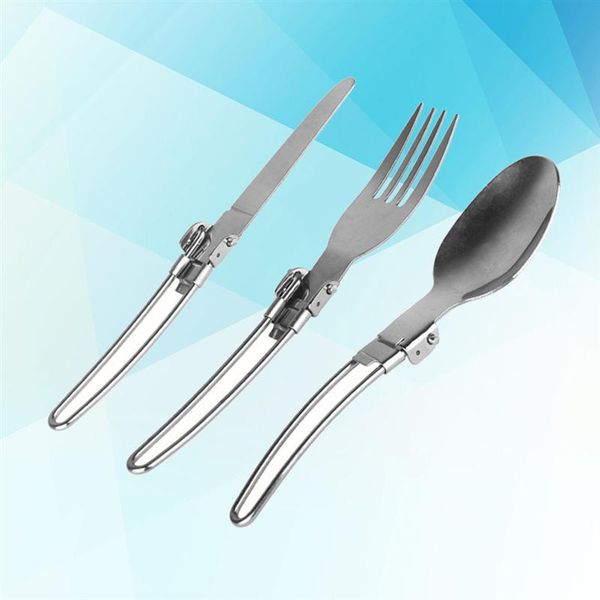 

3 travel and camping set spoon pieces portable flatware tableware fork utensil stainless folding cutlery knife steel picnic bbysqv lg2010