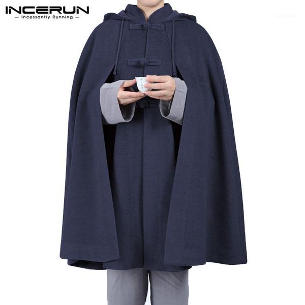 

incerun men cloak coats solid hooded trench retro button casual 2020 loose streetwear jackets fleece cape men windbreaker s-5xl1, Tan;black