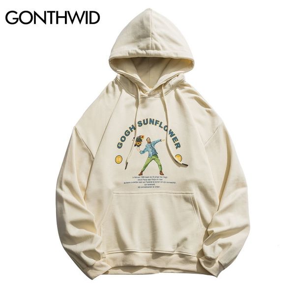 

gonthwid funny van gogh sunflower print hooded sweatshirts hoodies streetwear men hip hop casual pullover hoodie hipster 201114, Black