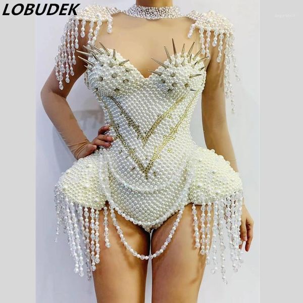 

women singer bar nightclub stage luxury dance costume white pearl rhinestones transparent bodysuit party tassel leotard outfit1, Black;red