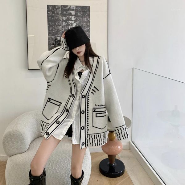 

women's knits & tees sweater coat women wear retro white knitting cardigan qiu dong han edition languid is lazy wind brim v-neck loose