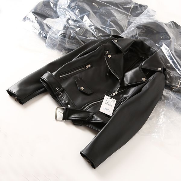

2021 new female black autumn plutonium leather streetwear fine turn down collar jacket outwear with belt ofnn