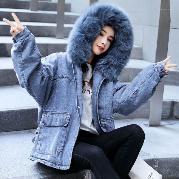 

women's down & parkas 2021 women denim jacket with fur winter jeans warm hooded velvet femme faux collar padded bomber coats parkas1, Black