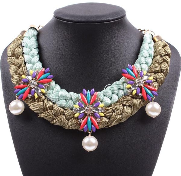 

fashion cotton braided colorful flower simulated pearl choker collar necklaces for women gold color chain rope jewelry, Golden;silver