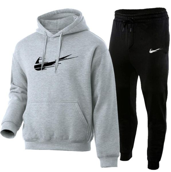 

2 pieces sets printed tracksuit men hooded sweatshirt+joggers pants pullover hoodie sportwear suit casual men hoodie sportswear, Gray