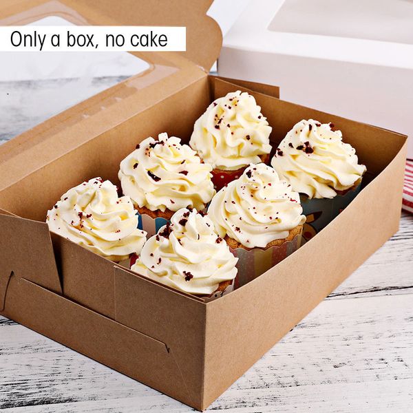 

10 pcs windowed cupcake boxes white brown kraft paper box gift packaging for wedding festival party 6 cup cake holders customized