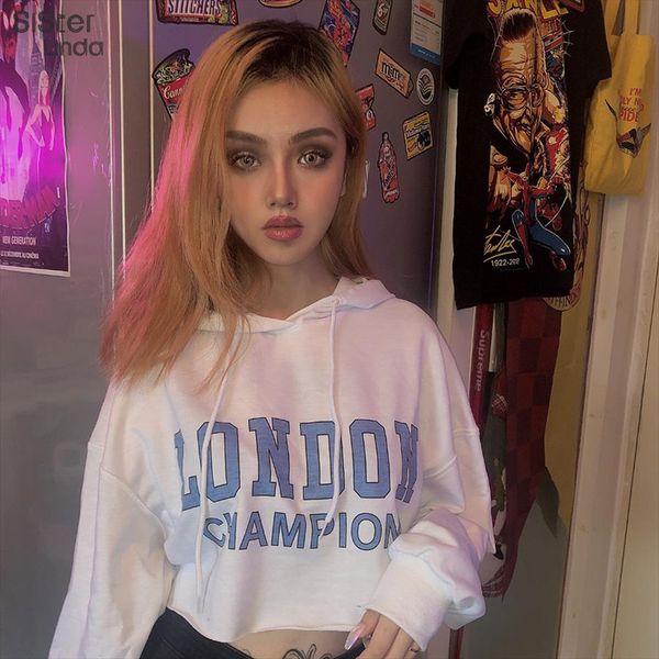 

letter printed white hoodies women 2020 new long sleeve with hood sweatshirt women cropped drawstring pullovers, Black