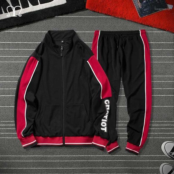 

two pieces sets tracksuit men autumn spring zipper sweatshirt + pants male patchwork sweatsuit hip hop outwear sportswear1, Gray