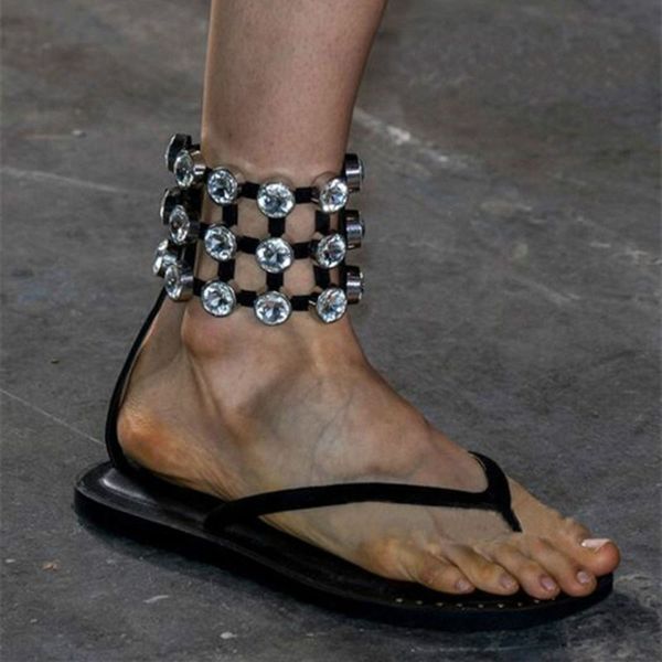 

designer shoes girl&#39s clip toe glitter crystal rivets studs ankle buckle flats sandals peep toe woman leisure rhinesto, Black