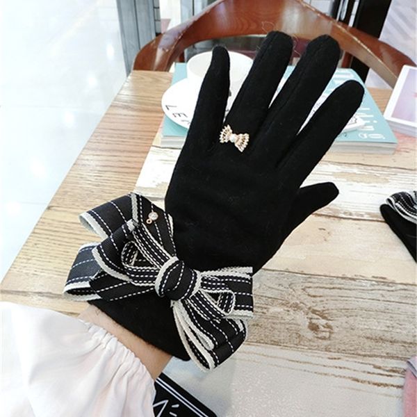 

fashion women big bow knot screen winter female thickening warm finger girls cute wrist gloves touch agl100 201021, Blue;gray