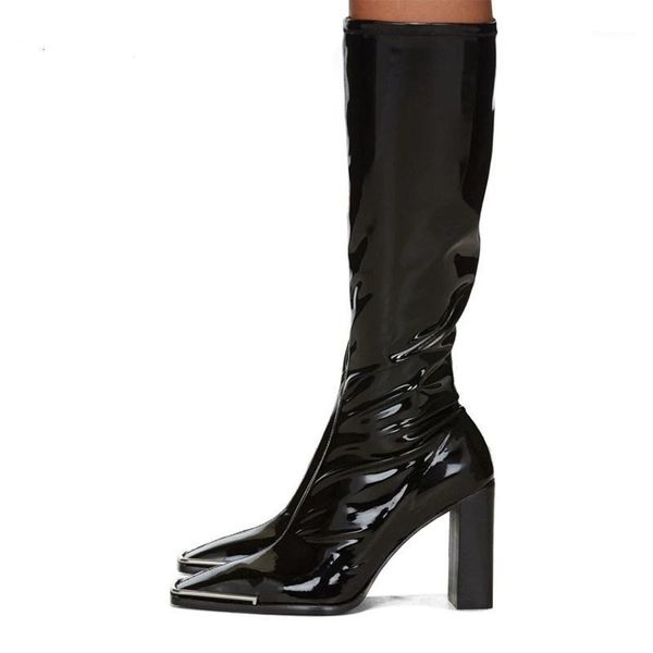 

stylesowner 2020 winter latest model fashion knight boots middle tube boots women pointy toe leather high heels1, Black