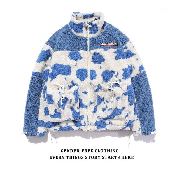 

fleece cotton padded parkas hip hop jackets streetwear front pockets color block cow spot pattern patchwork thick coats1, White;black