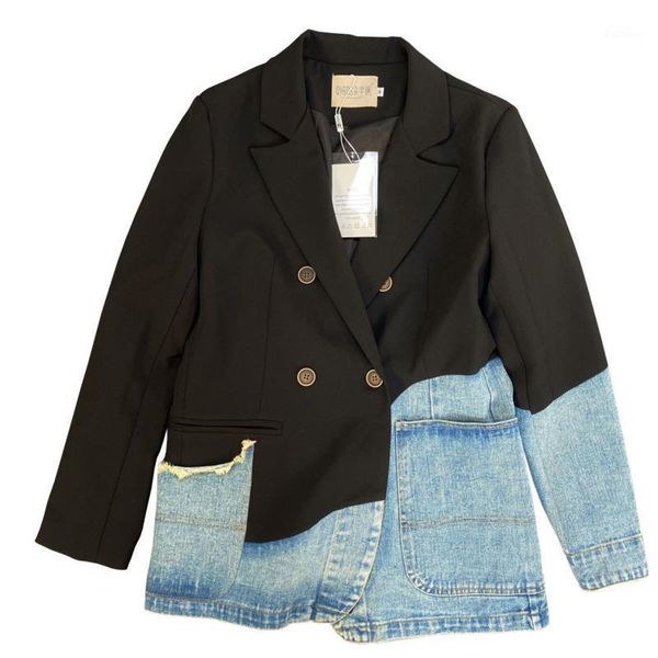 

ewq] 2021 new autumn fashion casual lapel long sleeve loose double breasted patchwork denim jacket coat women sf0941, White;black