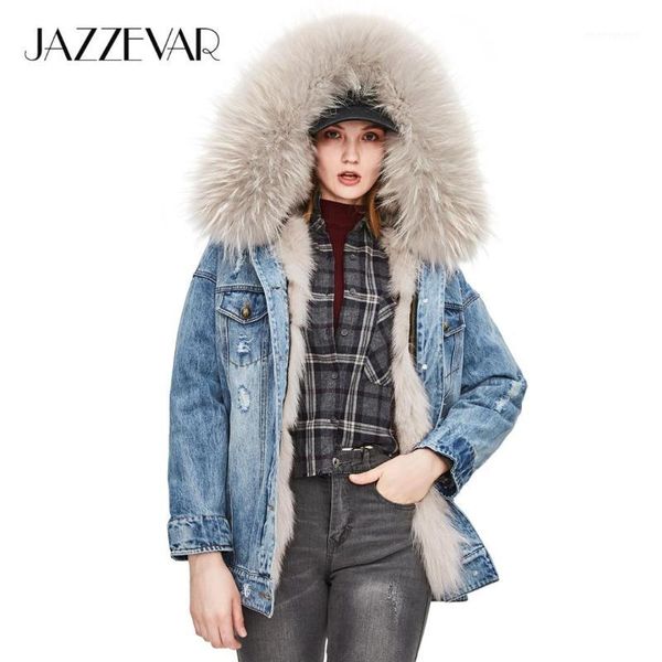 

jazzevar 2018 new winter high fashion street womans denim fur coat real fur parka detachable lining hooded jackets1, Black