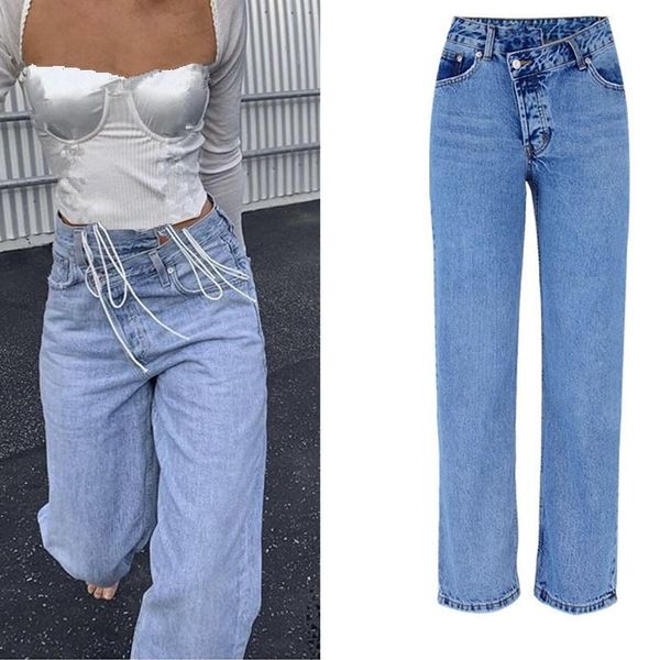 

women fashion loose high waist straight jeans irregular solid color denim pants vintage streetwear boyfriend style, Blue