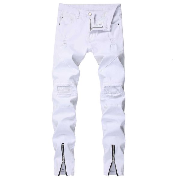

2020 men's wear hole & patch slim fit feet zipper jeans teenager elasticity ny white cowboy trousers, Blue