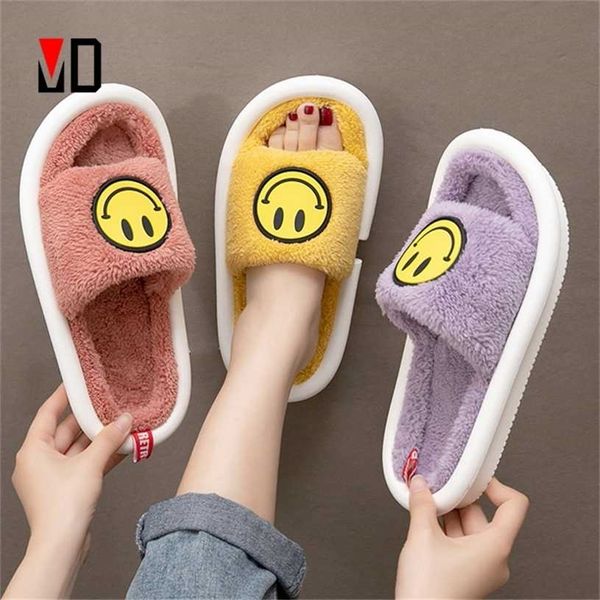 Mo dou sorriso rosto inverno / primavera chinelos chinelos flip flops macio algodão sapatos pelúcia casa bonito casa feminina slide em casais crianças 211229