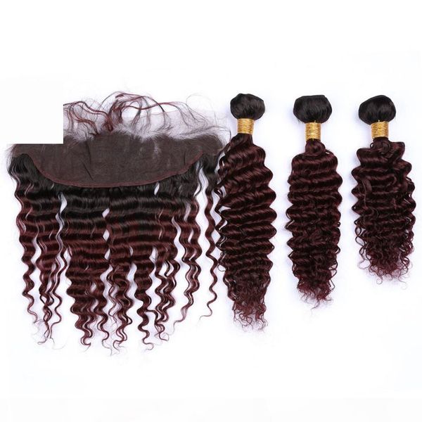 

virgin peruvian human hair deep wave burgundy ombre 3pcs bundles with frontal #1b 99j wine red ombre 13x4 lace frontal closure with weaves, Black;brown
