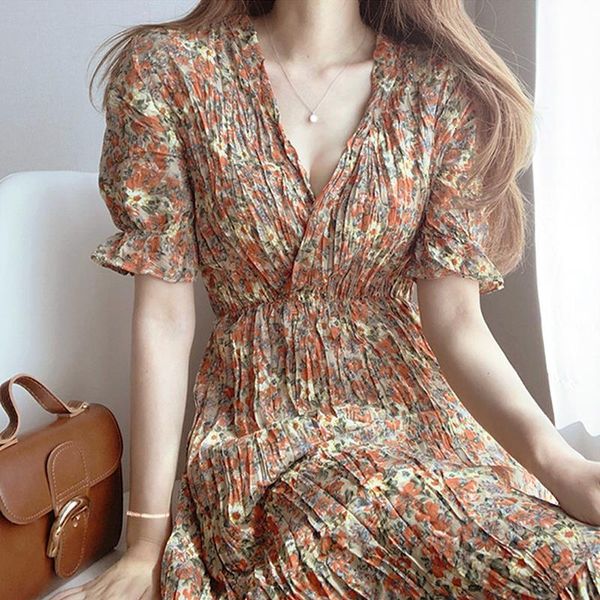 

yamdi korea style vintage new spring summer chiffon floral printing dress midi dress pleated hem elegant party vestidos robe, Black;gray