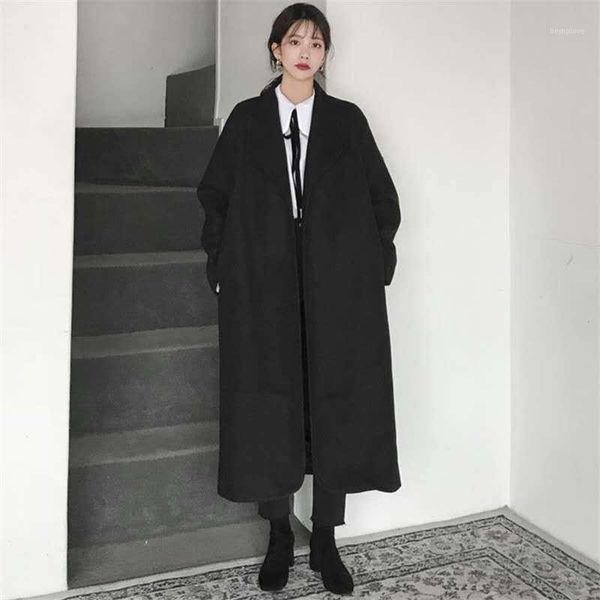 

ewq 2020 autumn winter turn-down collar straight single-breasted korean style black women's woolen coat fashion tide 2a16711