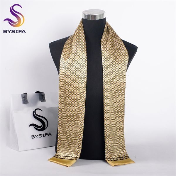 

bysifa] men yellow silk scarves winter fashion accessories 100% natural silk male plaid long scarves cravat 160*26cm y200110, Blue;gray
