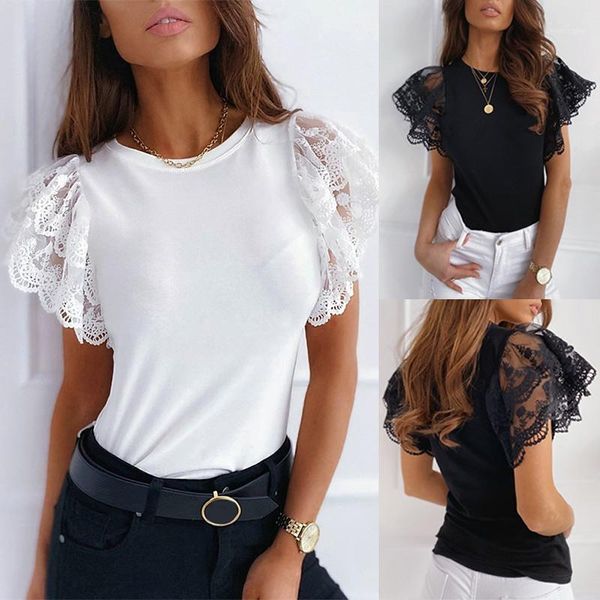 

women's blouses & shirts mesh o-neck patchwork women 2021 summer office lady woman black white solid lace petal short sleeve female bl