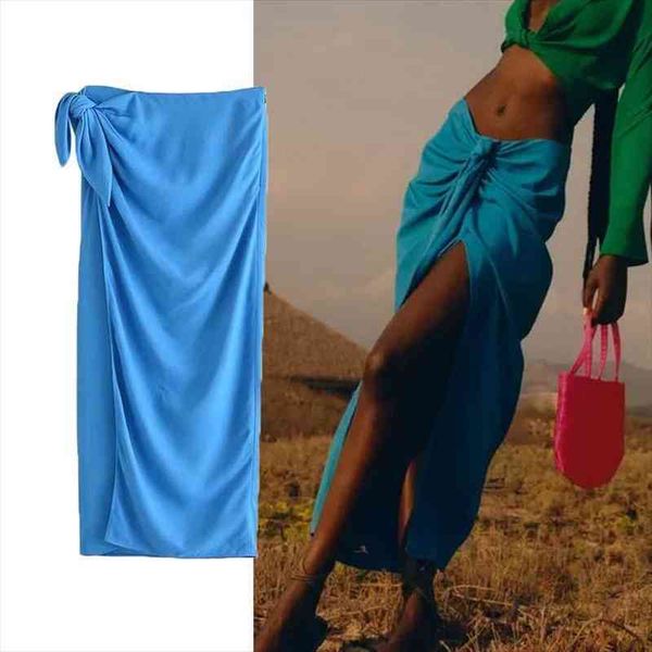 

za women midi skirts chic fashion with knot front vents skirt vintage high waist back zipper female skirts mujer, Black