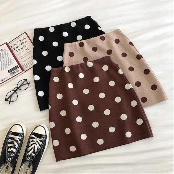 

2020 autumn winter new korean high waist wave point elastic slim bag hip skirt casual women a-line mini skirt tide, Black