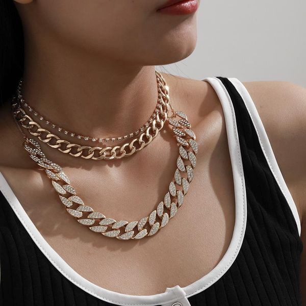 

chokers timeonly multilayer chunky curb chain choker necklace full rhinestones link pendant for women exaggerated jewellery, Golden;silver
