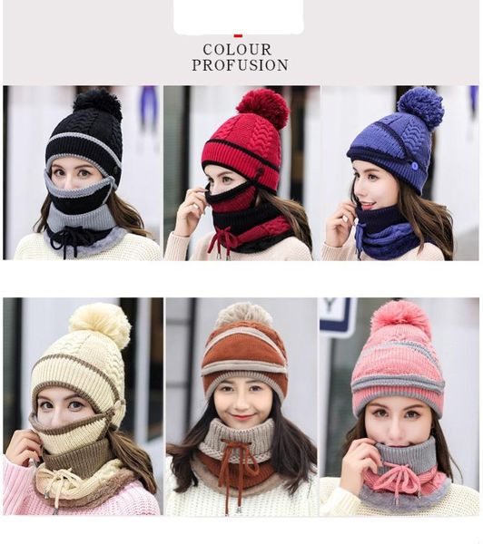 

3pcs/set women anti fog hats winter thick bib velvet beanies face mask beanie anti dust caps warm knitted wool cap for women, Blue;gray