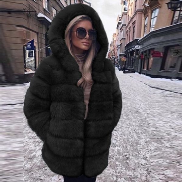 

2020 new design plush keeps warm faux fur fur long sleeve hooded coat women's coat b375, Black