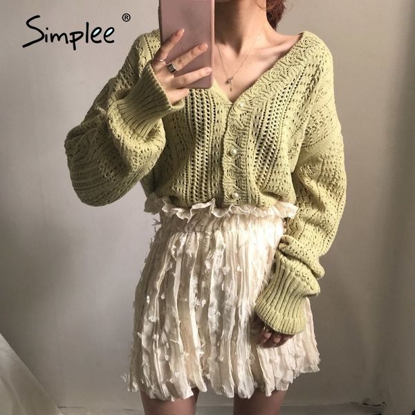 

simplee lace hook flower v-neck pearl button knitted cardigan coat casual sweater cardigan elegant autumn ladies sweater 201023, White;black