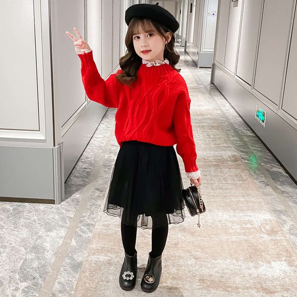 

winter girls autumn lace 2020 plush solid color pullover net skirt set children's sweater, Blue