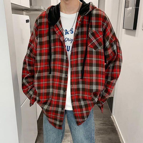 

2019 autumn and winter new casual men's plaid hooded loose long-sleeved shirt campus tooling jacket coat red / army green1, White;black