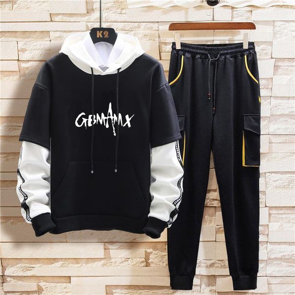 

men's sets autumn hiphop hoodies and pant patchwork streetwear spring male suits two piece set casual rap hip-hop pullover, Gray