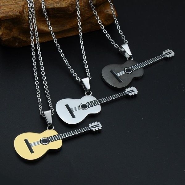 

chains rock two tone gold color titanium stainless steel music guitar pendant necklace for men jewelry, Silver
