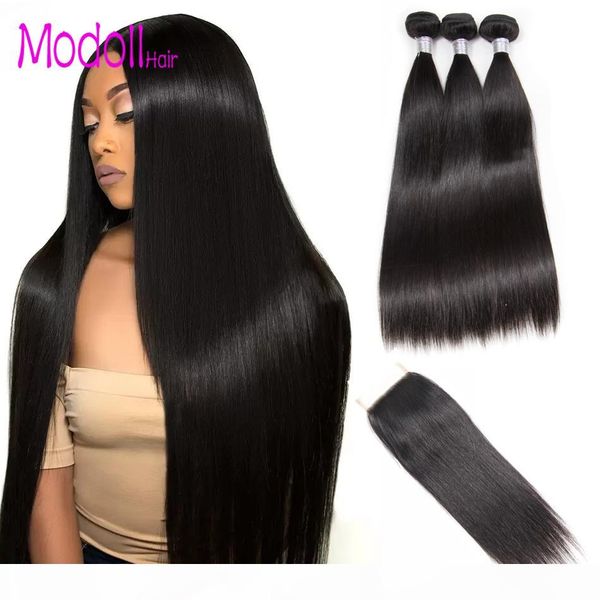 

straight bundles with closure brazilian virgin hair weave 3 4 bundles with closure human hair bundles with closure hair extension, Black;brown