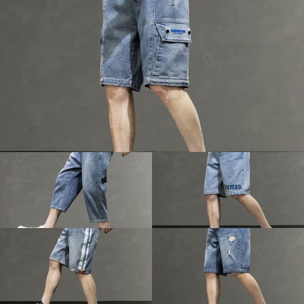 

d9gul summer thin denim boys trendy with tube loose quarter straight holes shorts and pants casual 7-point pants and horse shorts tgpci, Blue