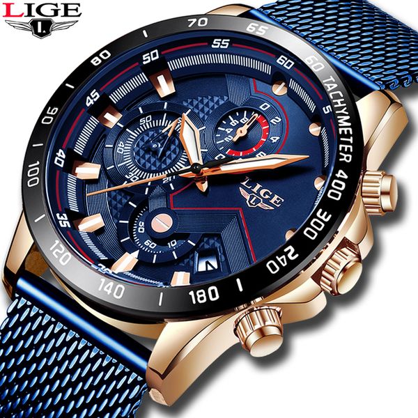 

lige fashion mens watches brand luxury wristwatch quartz clock blue watch men waterproof sport chronograph relogio masculino t200113, Slivery;brown