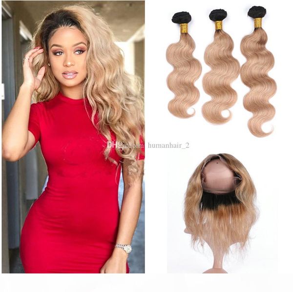 

two tone human пучки волос 360 lace лобной закрытие 1b 27 honey blonde 360 ​​полный шнурок диапазона frontals с телом волны волос, Black;brown
