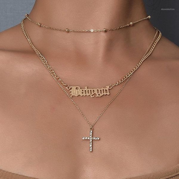 

3pcs/set bohemia women necklaces set beads english letters cross crystal clavicle chain gold necklace wedding party jewelry gift1, Golden;silver