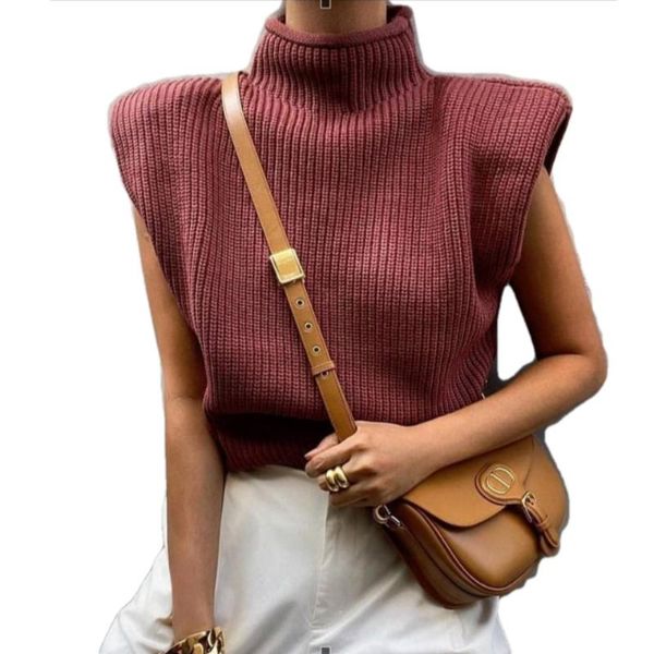 

women vest sweater turtleneck sleeveless 2020 white shoulder pads pullover knitted loose 2020 autumn winter casual jumper, White;black