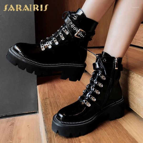 

boots sarairis 2021 fashion genuine leather belt buckle platform non-slip shoes woman side zipper cool motorcycle boots1, Black